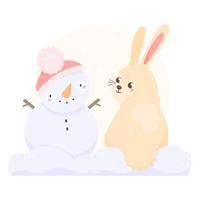 lapin mignon avec un bonhomme de neige en style cartoon. 2023 est l'année du lapin. un lièvre dans l'illustration pour enfants mignons de neige. illustration vectorielle d'un personnage animal. vecteur