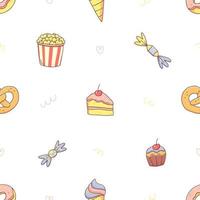 modèle sans couture avec restauration rapide dans un joli style kawaii doodle. pop-corn, gâteau, bonbons, cupcake, bagel, crème glacée, beignet. fond d'illustration de vecteur de malbouffe.