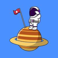 L'astronaute mignon respecte le drapeau étoile sur le dessin animé de la planète vecteur