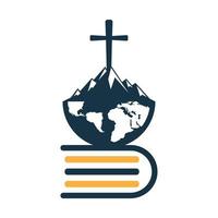 création vectorielle de logo croix bible mondiale avec montagne. croix sur la montagne avec le livre de houx. vecteur