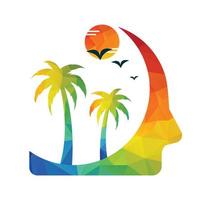 conception de concept de logo d'esprit de voyage. tête humaine avec logo palmier. vecteur