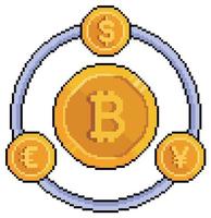 pixel art échange des monnaies fiduciaires contre du bitcoin. icône vectorielle dollar, euro et yen pour jeu 8 bits sur fond blanc vecteur