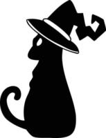 chat noir dessiné à la main portant une illustration de chapeau de sorcière vecteur