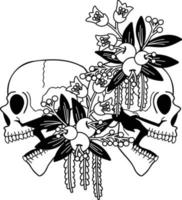 crâne dessiné à la main et illustration de fleurs vecteur