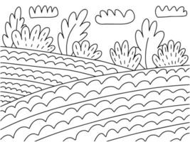 page de coloriage avec paysage de champs. Page de coloriage des champs de récolte de fenaison pour enfants et adultes vecteur