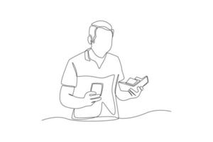 dessin continu d'une ligne homme d'affaires tenant un téléphone portable et un portefeuille d'argent dans les mains. concept de richesse et de prospérité. illustration graphique vectorielle de dessin à une seule ligne. vecteur