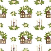 motif de décor de noël sans soudure. maisons stylisées, guirlande de ballons et candélabres. décor. bougies. Noël. minimalisme. façon scandinave. illustration vectorielle de style plat vecteur