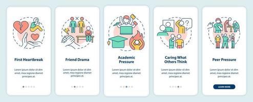 écran d'application mobile d'intégration des problèmes d'adolescence. première procédure pas à pas de chagrin d'amour en 5 étapes instructions graphiques modifiables avec des concepts linéaires. ui, ux, modèle d'interface graphique. vecteur