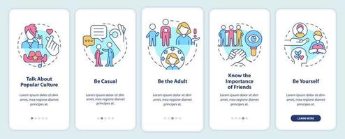 s'entendre avec les adolescents à bord de l'écran de l'application mobile. soyez décontracté instructions graphiques modifiables en 5 étapes avec des concepts linéaires. ui, ux, modèle d'interface graphique. vecteur