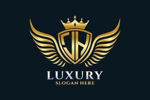 lettre d'aile royale de luxe jh crête logo couleur or vecteur, logo de victoire, logo de crête, logo d'aile, modèle de logo vectoriel. vecteur
