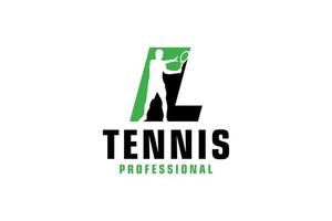lettre l avec création de logo de silhouette de joueur de tennis. éléments de modèle de conception de vecteur pour l'équipe sportive ou l'identité d'entreprise.