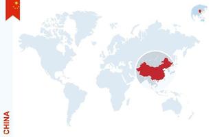 carte du monde bleu avec loupe sur la chine. vecteur