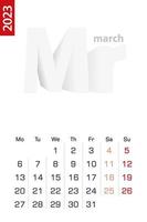 modèle de calendrier minimaliste pour mars 2023, calendrier vectoriel en anglais.