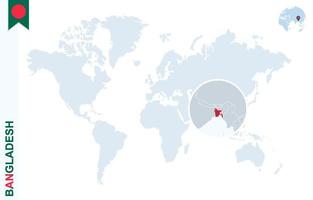 carte du monde bleu avec loupe sur le bangladesh. vecteur