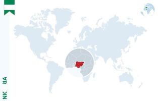 carte du monde bleu avec loupe sur le nigeria. vecteur