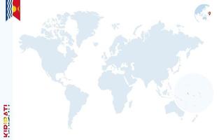 carte du monde bleu avec loupe sur kiribati. vecteur