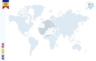 carte du monde bleu avec loupe sur andorre. vecteur
