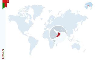 carte du monde bleu avec loupe sur oman. vecteur