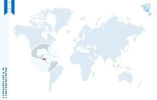 carte du monde bleu avec loupe sur le honduras. vecteur