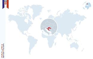 carte du monde bleu avec loupe sur la croatie. vecteur