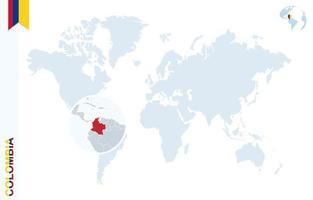 carte du monde bleu avec loupe sur la colombie. vecteur