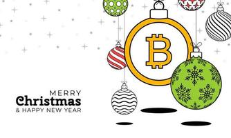 carte de voeux de noël bitcoin dans un style de ligne tendance. joyeux noël et bonne année contour bannière de sport de dessin animé. bitcoin comme boule de Noël sur fond blanc. illustration vectorielle. vecteur