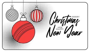 carte de voeux de noël de cricket dans un style de ligne à la mode. joyeux noël et bonne année contour bannière de sport de dessin animé. balle de cricket comme boule de Noël sur fond blanc. illustration vectorielle. vecteur