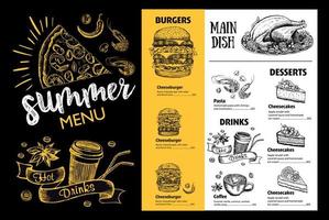 conception de menus de restaurant. menu d'été, illustrations dessinées à la main. dépliant de nourriture de vecteur. vecteur