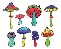 ensemble de champignons de monstre de doodle drôle de vecteur trippy. ensemble de champignons d'halloween à l'acide trippy magique