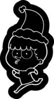 icône de dessin animé d'un garçon curieux qui court portant un bonnet de noel vecteur
