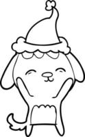 heureux dessin au trait d'un chien portant un bonnet de noel vecteur