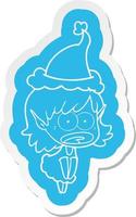autocollant de dessin animé d'une fille elfe choquée portant un bonnet de noel vecteur
