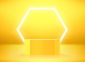 vitrine hexagonale dorée avec néon. illustration vectorielle 3d avec espace de copie vecteur