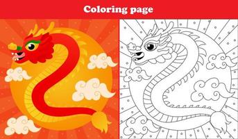 feuille de travail imprimable avec coloriage pour enfants avec dragon chinois traditionnel de style oriental avec nuages et soleil en style cartoon vecteur