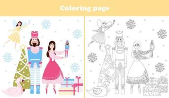 page de coloriage de noël avec un personnage mignon de casse-noisette et une ballerine, une fée volante avec une baguette, un arbre de noël et des cadeaux vecteur