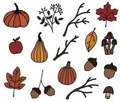 doodle ensemble de feuilles d'automne, citrouilles, branches d'arbres, glands, champignons. autocollants isolés d'automne dessinés à la main. automne vector illustration clipart