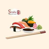 ensemble de sushi japonais cuisine traditionnelle avec différents types illustration vectorielle texte japonais signifie sushi cuisine japonaise vecteur