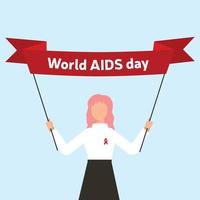 fille aux cheveux roses prend une bannière, journée mondiale du sida 1er décembre. illustration vectorielle vecteur