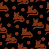 chats bruns et motif harmonieux de points, chats foncés et points sur fond noir vecteur