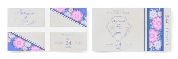 modèle de carte d'invitation de mariage, avec décoration de fleurs et de feuilles, style rectangulaire minimaliste, fond blanc bleu vecteur