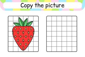 copier l'image et la couleur fraise. compléter le tableau. terminer l'image. livre de coloriage. jeu d'exercices de dessin éducatif pour les enfants vecteur