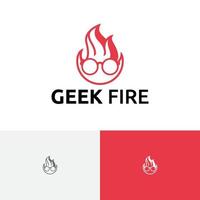 geek feu nerd flamme tête lunettes smart education logo vecteur