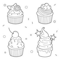 ensemble de quatre cupcakes de contour. illustration en noir et blanc pour livre de coloriage pour enfants, éléments de conception vecteur