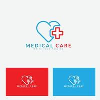 concept de logo médical de soins pour l'icône d'amour en plus ou en croix. vecteur