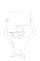 croquis portrait d'une fille avec une affiche, vecteur plat, isoler sur blanc, fille tenant une feuille vierge au-dessus de sa tête