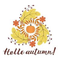 bonjour automne écrit avec un pinceau. calligraphie lettrage manuscrit. couronne avec des feuilles colorées, des fleurs et de la citrouille. vecteur