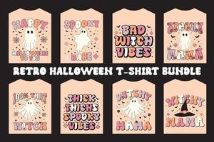 lot de t-shirts rétro halloween. beau et accrocheur style de dessin animé vectoriel halloween de fantômes, chauves-souris, fleurs, sorcières, et bien plus encore.