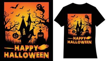 vecteur de conception de t-shirt halloween heureux. illustration vectorielle de style dessin animé de citrouille, chat de sorcière et chauves-souris, isolés sur fond blanc. imprimer pour la conception de t-shirts ou d'affiches. joyeux texte d'halloween.