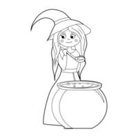 livre de coloriage pour les enfants, sorcière de dessin animé fait cuire une potion dans un chaudron. vecteur isolé sur fond blanc.