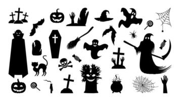 monstres effrayants et silhouette d'objets rituels sinistres. sinistres vampires et fantômes d'halloween avec des arbres morts sombres. les mains des hommes morts qui sortent des tombes avec des toiles d'araignées et des bonbons vectoriels festifs vecteur